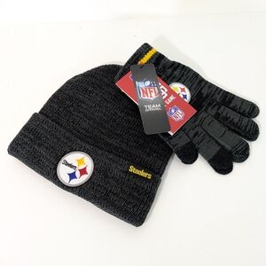 NEW Steelers Beanie Toboggan Hat & Stretch Gloves Set Adult Unisex Mens Womens